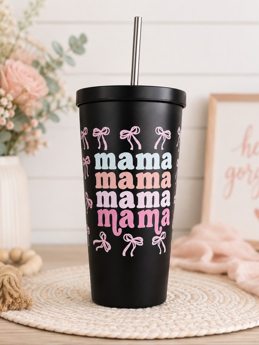 HG Creations Mama Bow Tumbler Cup | 20 oz Black Matte Stainless Steel Cup